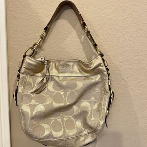 Coach 'ZOE' Handbag Gold Jacquard  Loop Handles Y2K 13500 Leather Trim